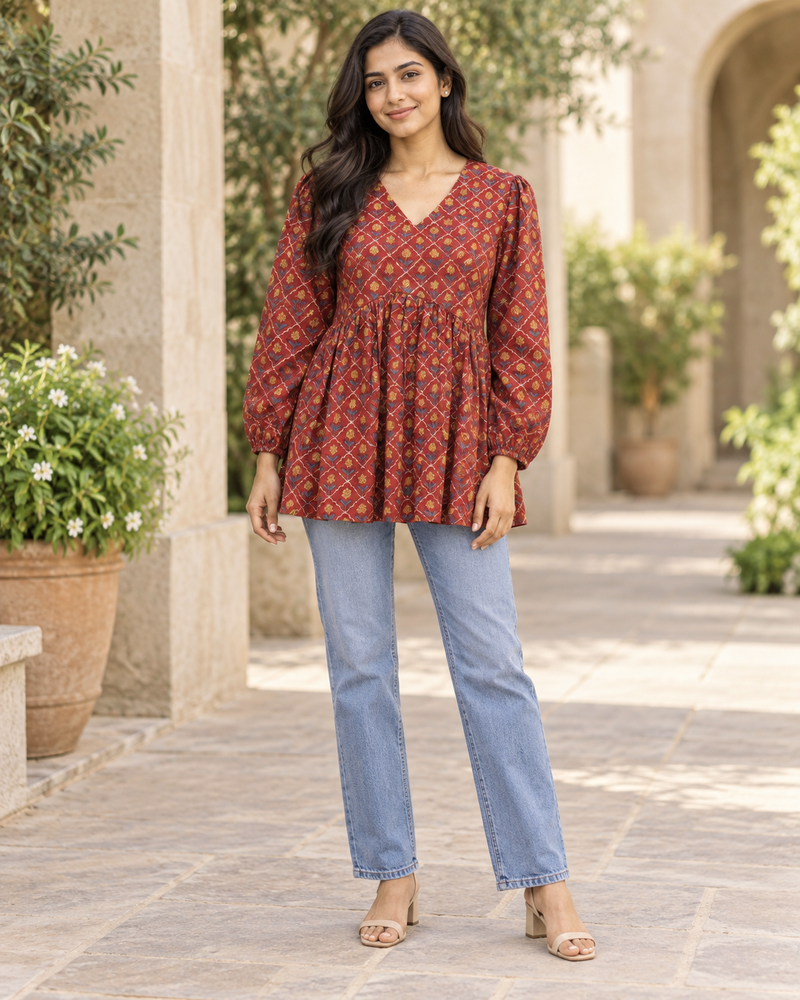 Women's Maroon Ajrakh Print Peplum Top