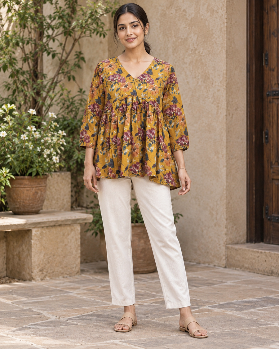 Women's Mustard Floral Print Peplum Top front