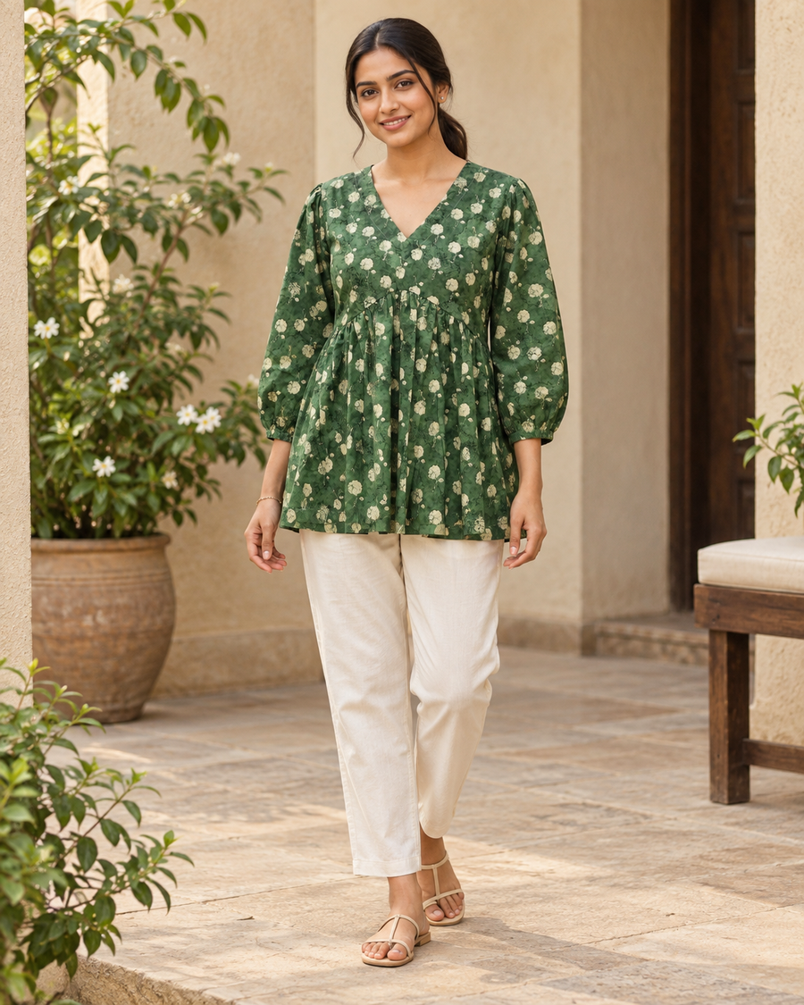 Women's Green Floral Butti Print Peplum Top front