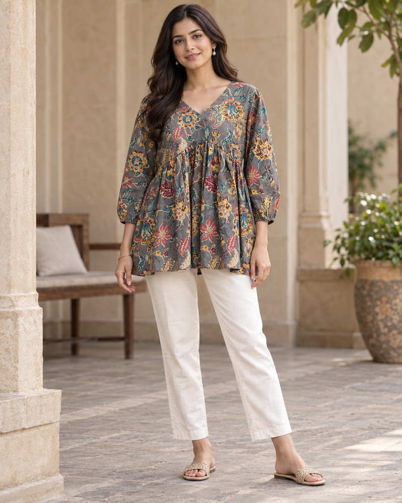 Women's Grey Floral Print Peplum Top